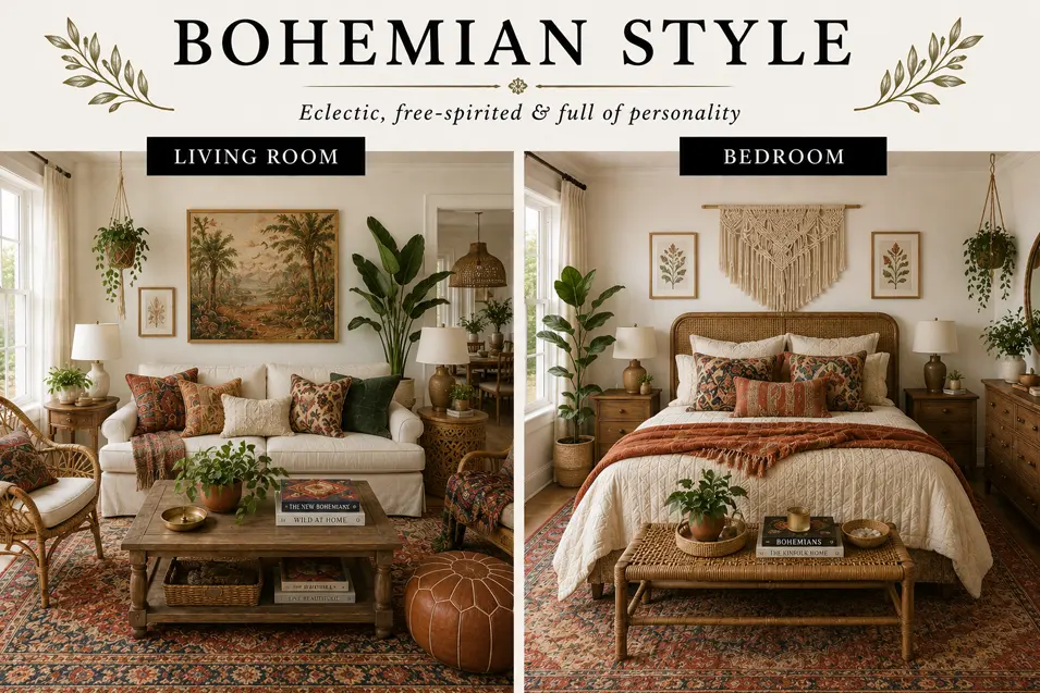 Bohemian style interior showcase featuring a cozy living room and bedroom with layered textiles, natural materials, plants and eclectic global-inspired decor.