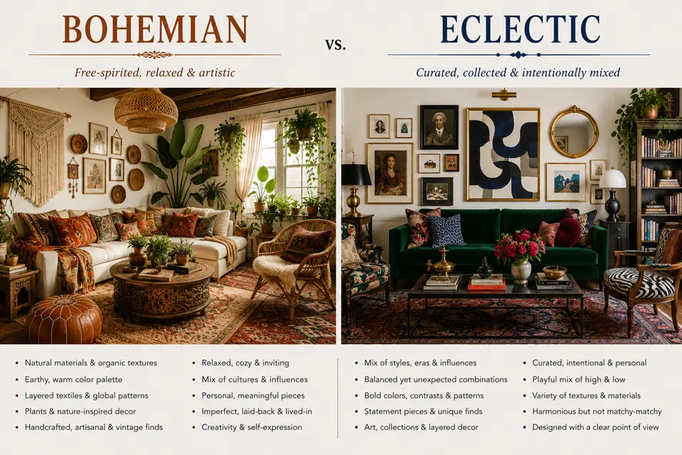 Side-by-side living room comparison: Bohemian style with layered textiles, plants and global influences vs Eclectic style with curated mixes, bold contrasts and collected decor.