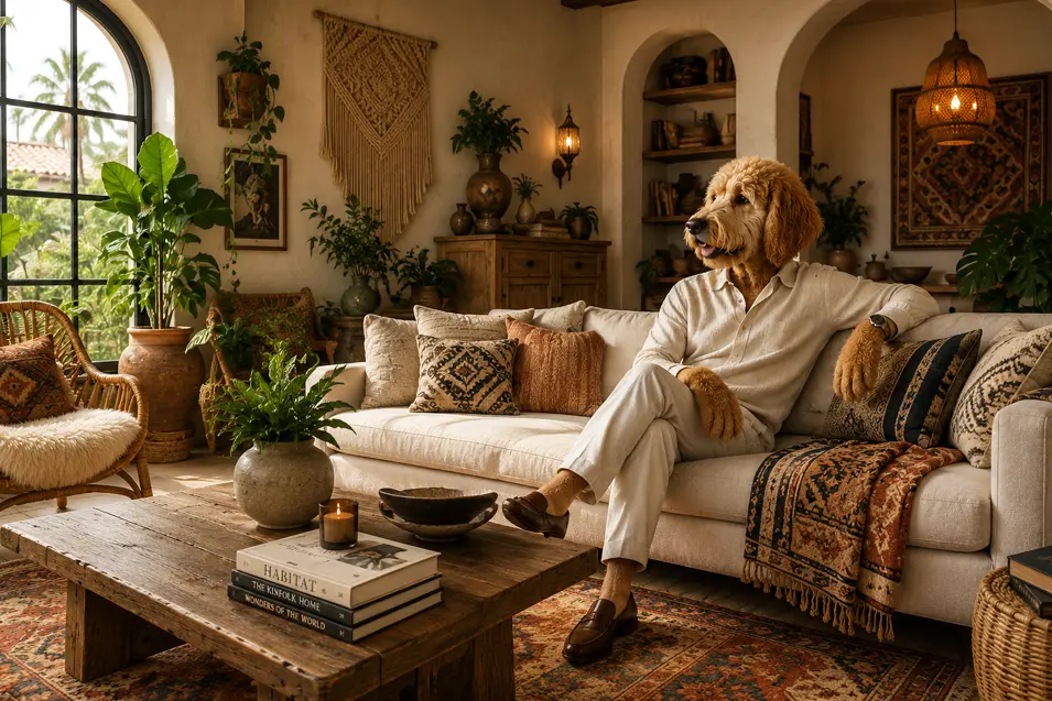Bohemian living room with a well-dressed doodle interior designer, featuring layered textiles, earthy tones, lush plants, and a rustic wood coffee table.