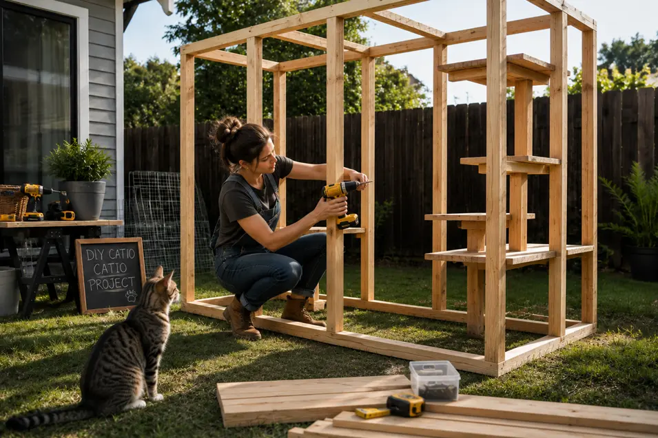 Homeowner assembling a partially completed wooden catio frame in a backyard, using basic tools while a curious cat watches the DIY project take shape.