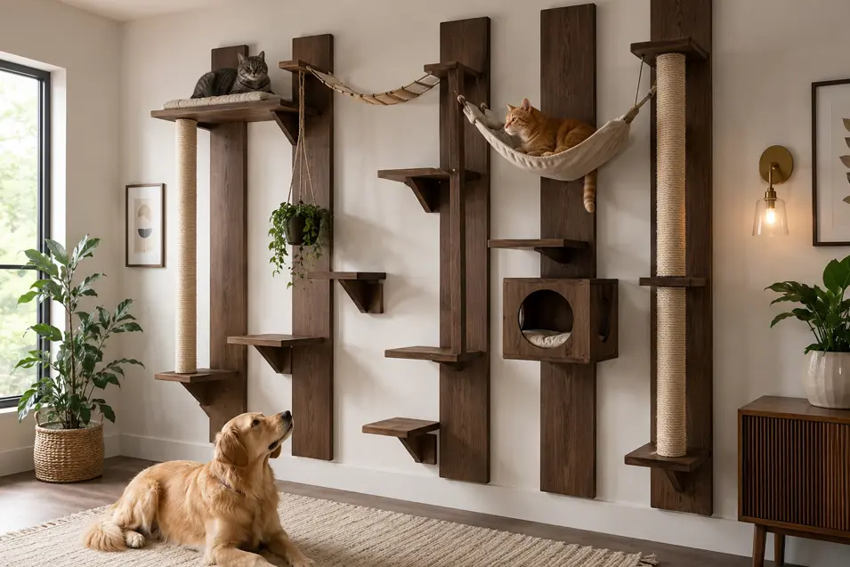 Dark walnut cat wall with climbing shelves, sisal scratching posts, hammock bridge and cubby; two cats lounge above while a golden retriever rests below.