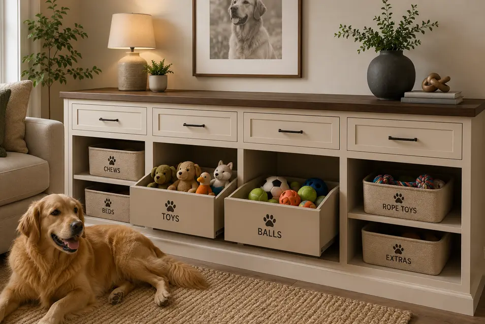 Golden retriever resting on a rug beside a stylish storage cabinet filled with labeled dog toys and supplies, beneath a framed dog portrait in a cozy living room.