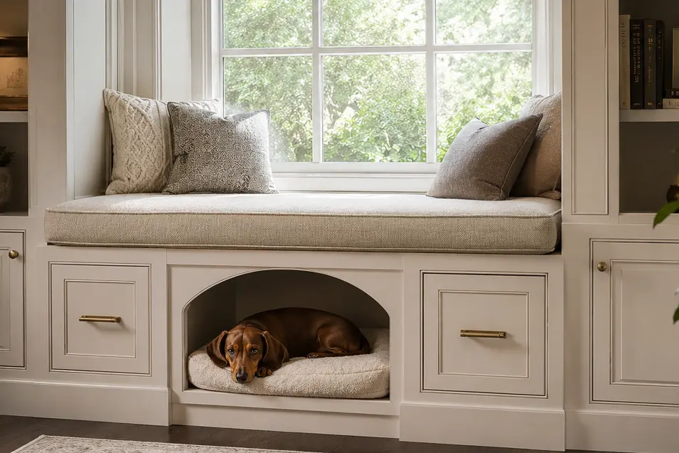Elegant built-in window seat dog nook with custom cabinetry, plush bedding, and a cozy Dachshund resting beneath a sunlit reading bench.