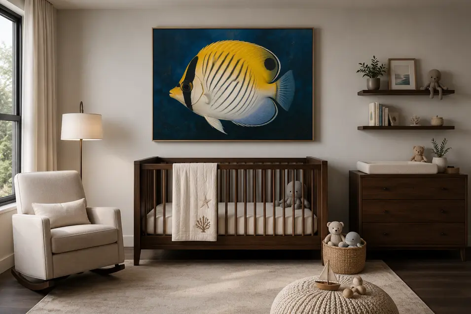 High-end nursery with walnut furniture, dark floors, and a large Butterflyfish artwork above the crib, creating a warm, modern coastal retreat.