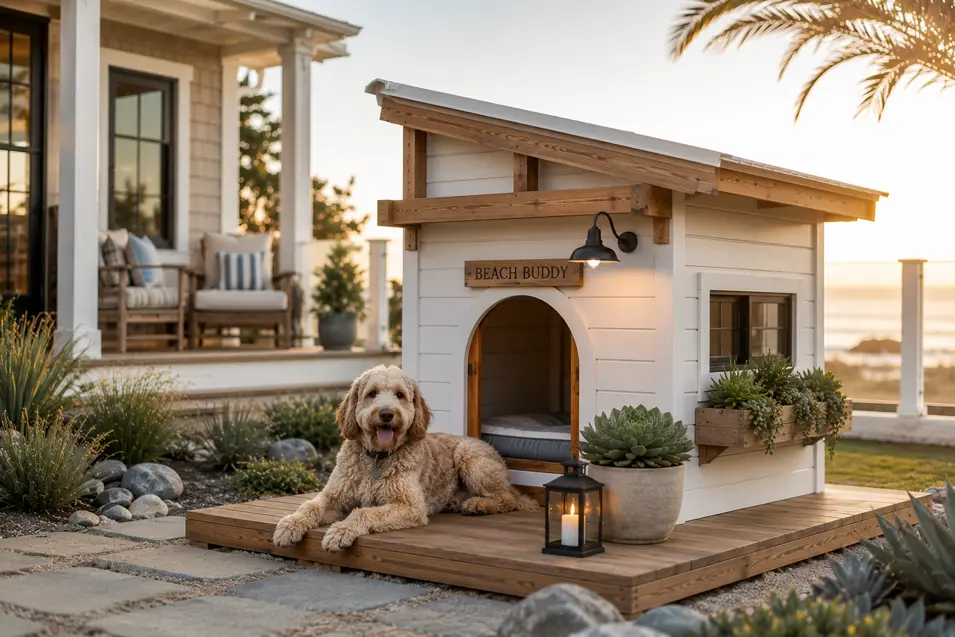 Luxury California Coastal dog house with cedar accents, airy design, coastal landscaping, and a friendly Labradoodle relaxing at golden hour.