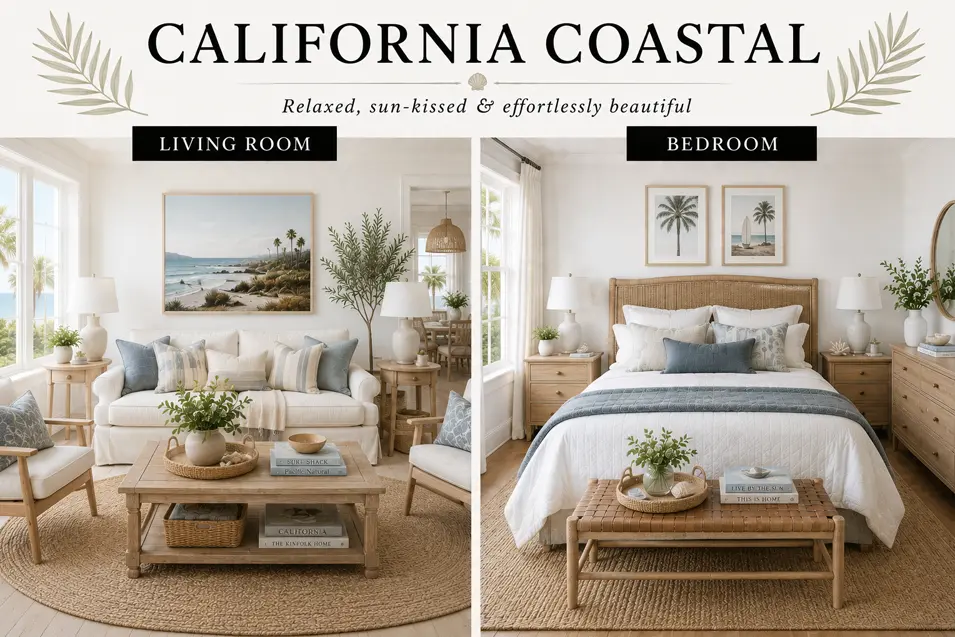 California Coastal style interior showcase featuring a bright living room and bedroom with light wood, woven textures, soft blues and relaxed coastal elegance.