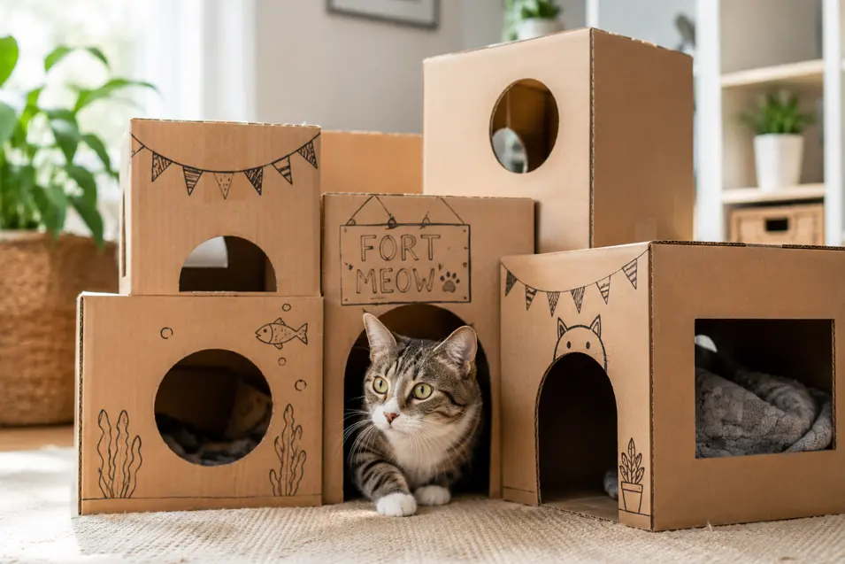 Playful tabby cat exploring a homemade cardboard fort with cut-out doors and windows, surrounded by creative DIY enrichment in a cozy home.