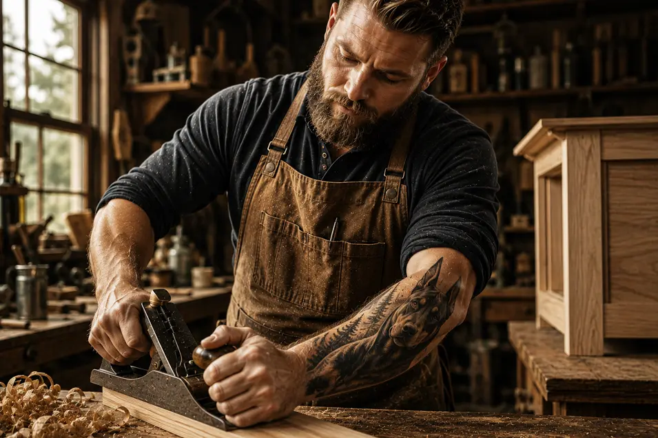Skilled carpenter shaping fine furniture in a rustic woodshop, showcasing a realistic Doberman forearm tattoo in warm, cinematic workshop light.