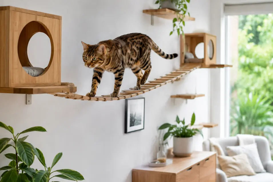 Indoor tabby cat crossing a suspended bridge between wall-mounted platforms, exploring a stylish vertical enrichment setup in a bright modern home.