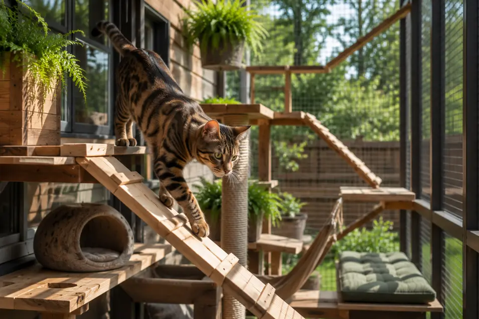 Active cat climbing a ramp inside a multi-level catio, surrounded by shelves, scratching posts, hammocks, and sunlit outdoor views.