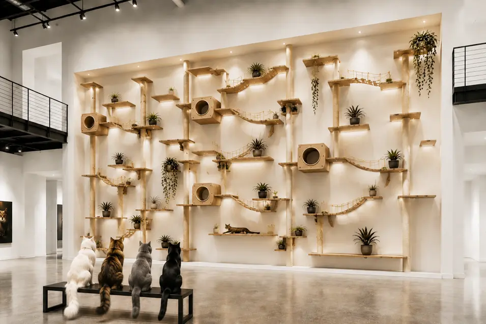 Four cats admire a stunning floor-to-ceiling wall-mounted cat playground in a bright, modern gallery with warm wood, greenery, and minimalist design.