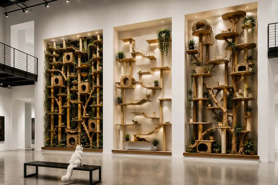 Modern two-story gallery featuring three towering cat installations: an architectural cat wall, sleek wall furniture, and a luxury cat tree with a white cat watching.