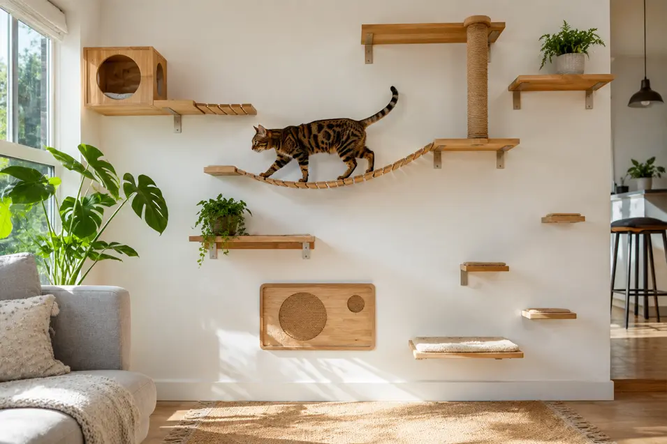 Cat confidently walking across a wall-mounted bridge in a modern climbing wall setup with shelves, platforms, and scratching posts in a sunlit living room.