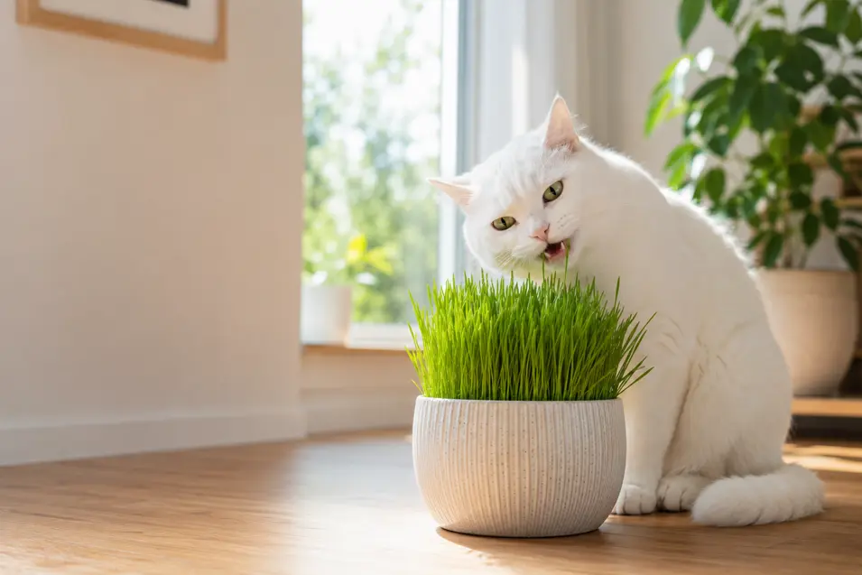 Healthy white cat nibbling fresh cat grass from a decorative planter in a bright sunlit home, surrounded by greenery and a cozy atmosphere.