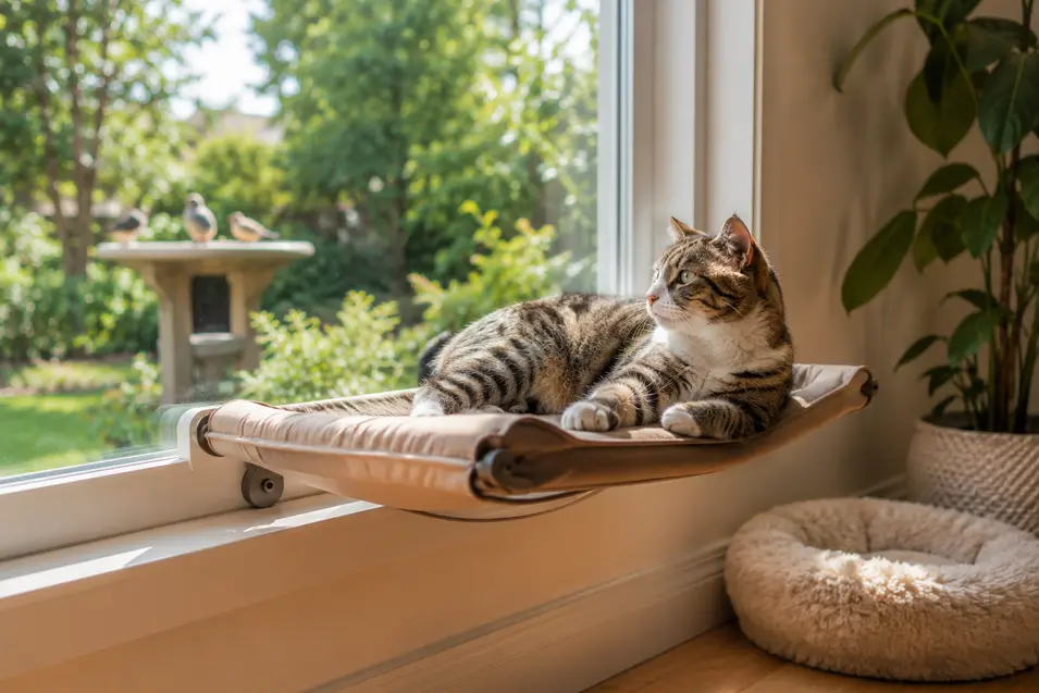 Relaxed tabby cat lounging on a window perch in warm sunlight, watching birds in a garden outside, with a cozy indoor setting in the background.