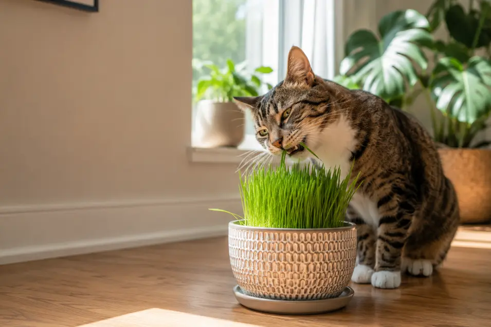 Healthy tabby cat nibbling fresh cat grass from a decorative planter in a bright sunlit home, surrounded by houseplants and natural light.