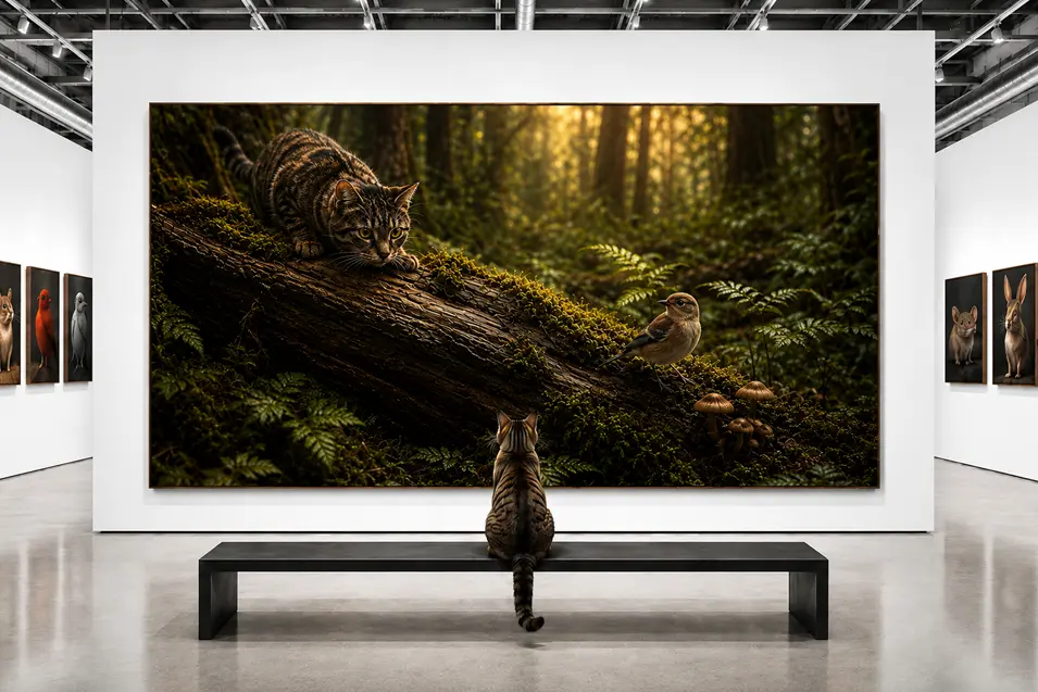 A gallery cat watches a dramatic forest print where a stealthy tabby stalks a small bird on a mossy log beneath warm, golden woodland light.