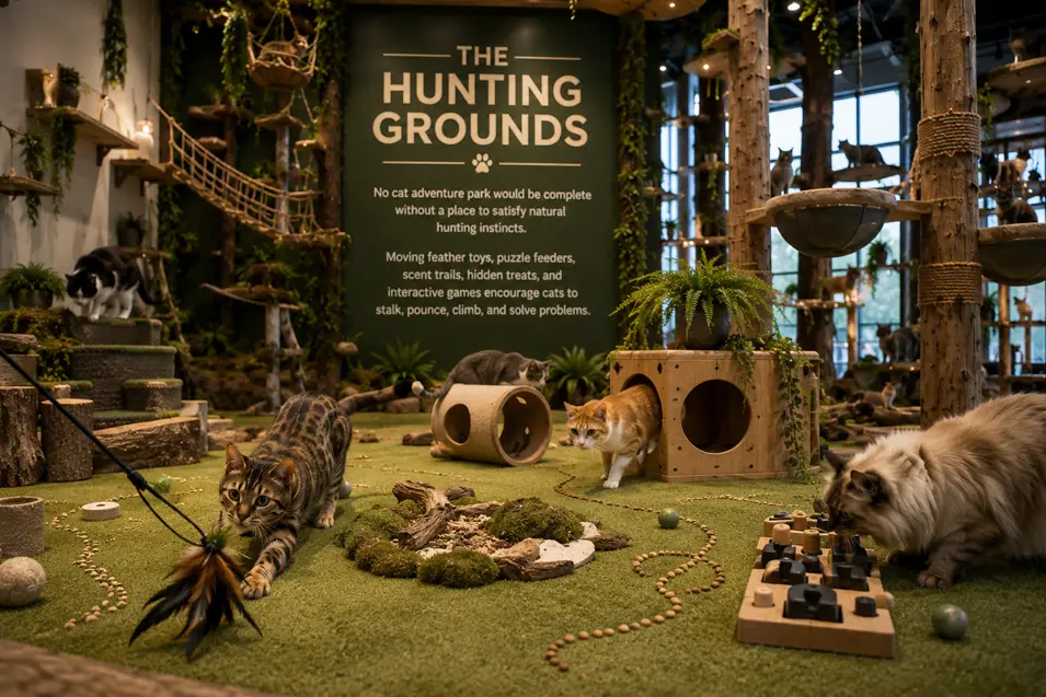 Cats stalk feather toys, solve puzzle feeders, follow scent trails, and explore a lush indoor hunting course designed to inspire natural feline instincts.