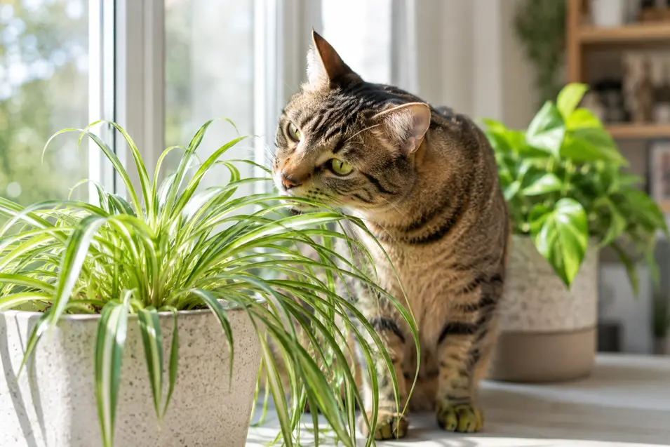 Curious tabby cat sniffing a spider plant on a sunny windowsill, surrounded by greenery in a bright, pet-friendly indoor space.