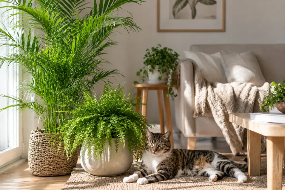 Peaceful tabby cat resting beside a large parlor palm and Boston fern in a bright living room filled with warm natural sunlight.