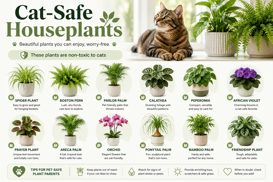 Infographic showcasing cat-safe houseplants, including spider plants, ferns, palms, calatheas, and orchids, with pet-friendly tips and a cat image.