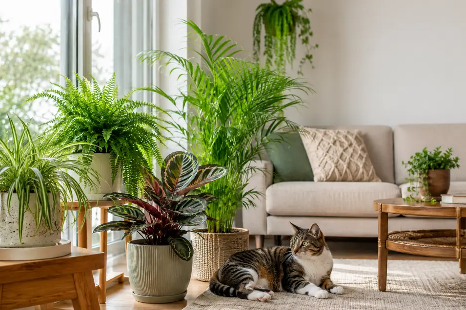 Bright modern living room filled with cat-safe houseplants, including ferns and palms, with a relaxed tabby cat lounging in warm natural sunlight.