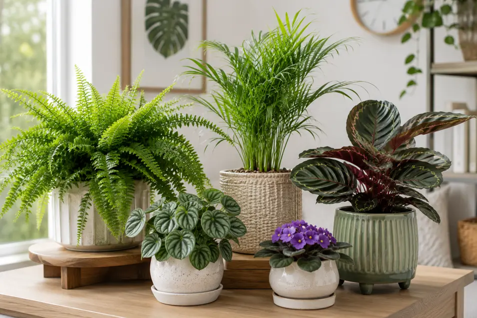 Collection of pet-safe houseplants, including Boston fern, parlor palm, calathea, peperomia, and African violet, arranged in decorative pots indoors.
