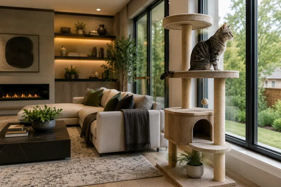 Modern luxury living room featuring a stylish cat tree by floor-to-ceiling windows, with a tabby cat perched high, watching the outdoors in natural light.