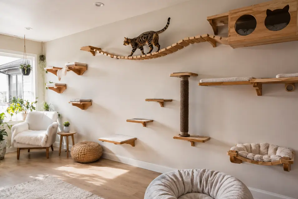 Modern cat room with a wall-mounted cat highway of shelves, bridges, and platforms, as a cat confidently explores in bright natural light.
