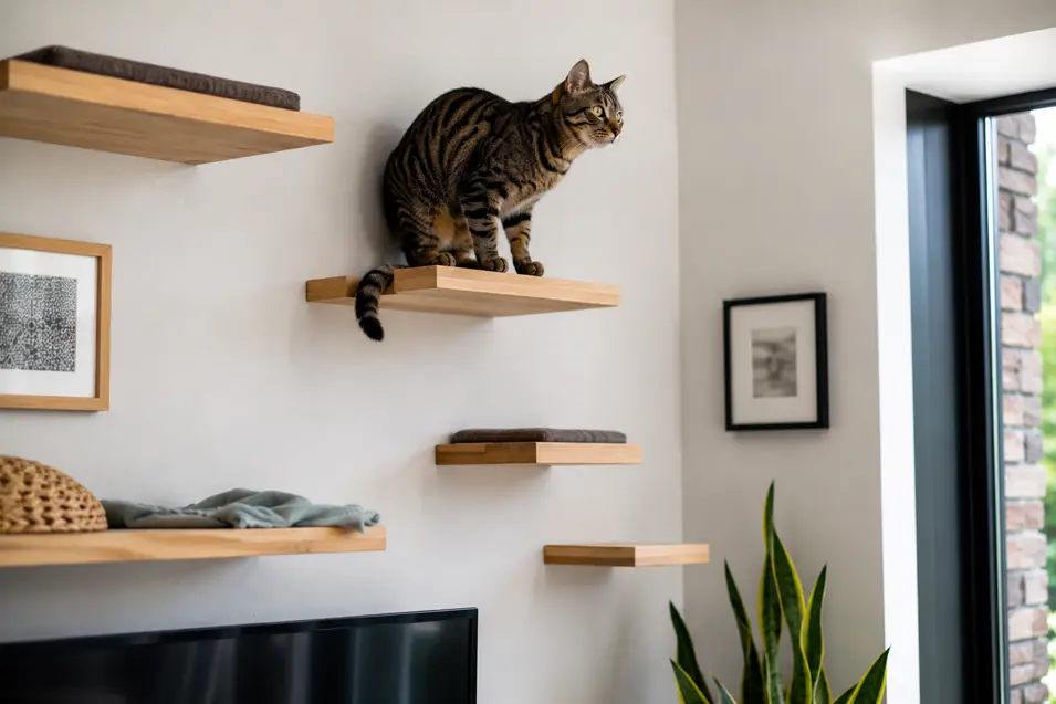 Athletic tabby cat perched on floating wall-mounted shelves, elevated above a modern living space filled with natural daylight.