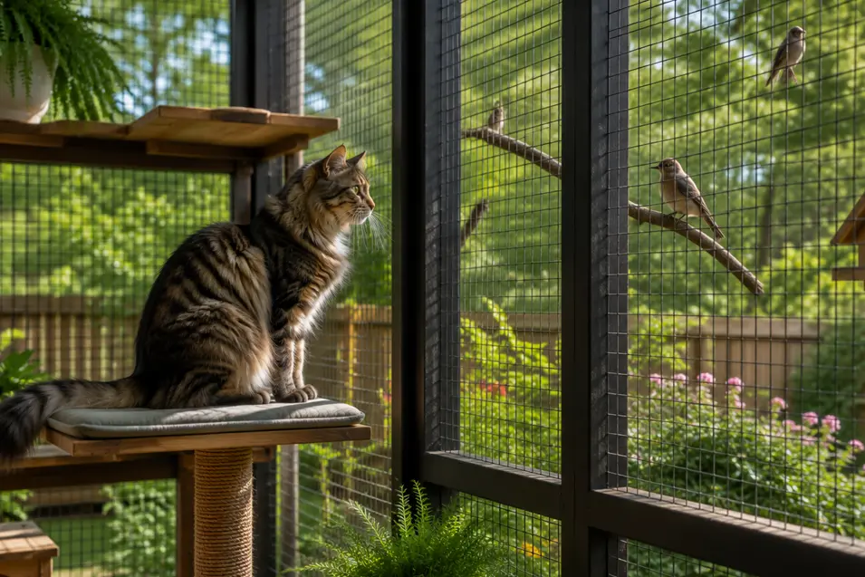 Cat perched on an elevated catio platform, watching birds outside the mesh enclosure, surrounded by greenery, sunlight, and modern enrichment features.