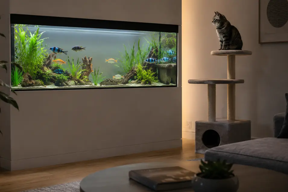 Modern living room with a built-in aquarium and curious cat on a cat tree, creating a serene, photorealistic blend of nature and contemporary design.