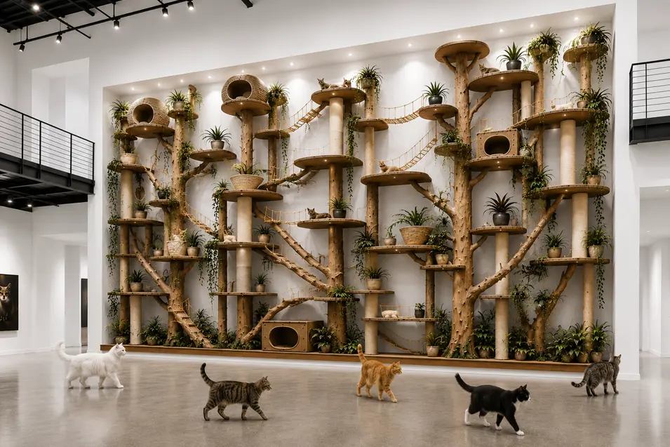 Floor-to-ceiling luxury cat climbing wall with natural wood towers, bridges, sisal posts, greenery, and designer platforms spanning the entire gallery wall.