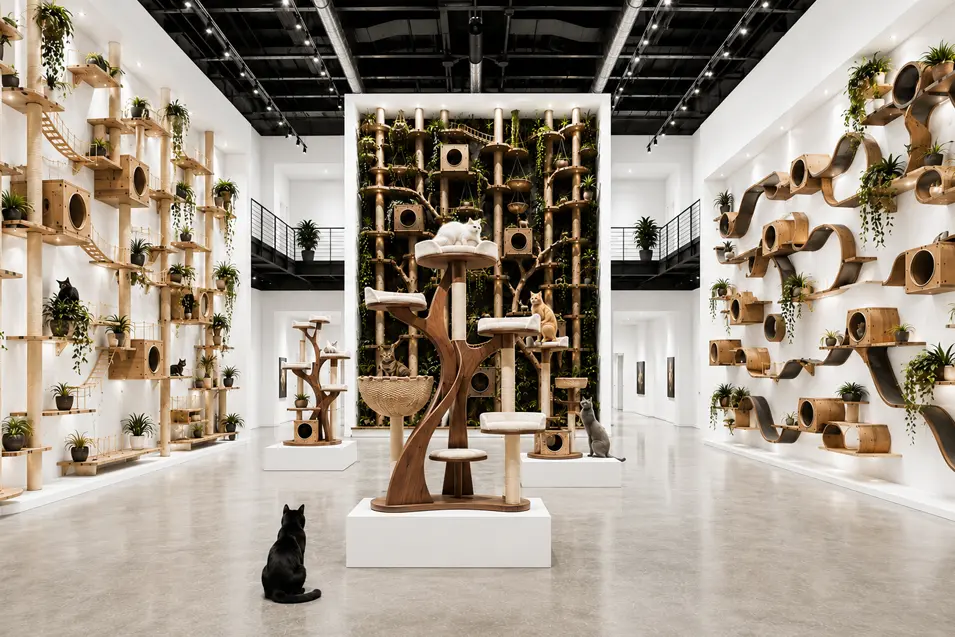 Luxury cat gallery featuring a towering cat playground, two designer climbing walls, oversized sculptural cat trees, bright white walls, and curious cats exploring.