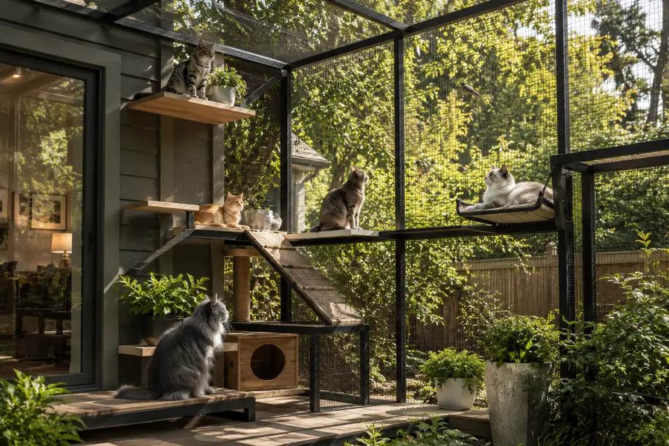 Modern backyard catio attached to a contemporary home, featuring multiple levels, ramps, and platforms where cats relax amid greenery and natural light.