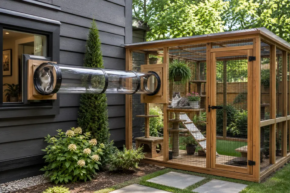 Enclosed cat tunnel connects a modern home to a spacious outdoor catio, featuring climbing shelves, ramps, and secure mesh walls in a landscaped backyard.
