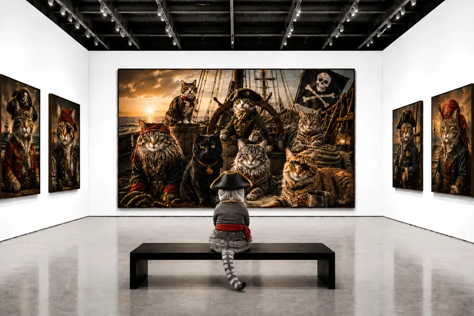 A pirate cat admires a gallery of pirate cat artwork, with a dramatic ship scene as the centerpiece in a bright, modern museum.