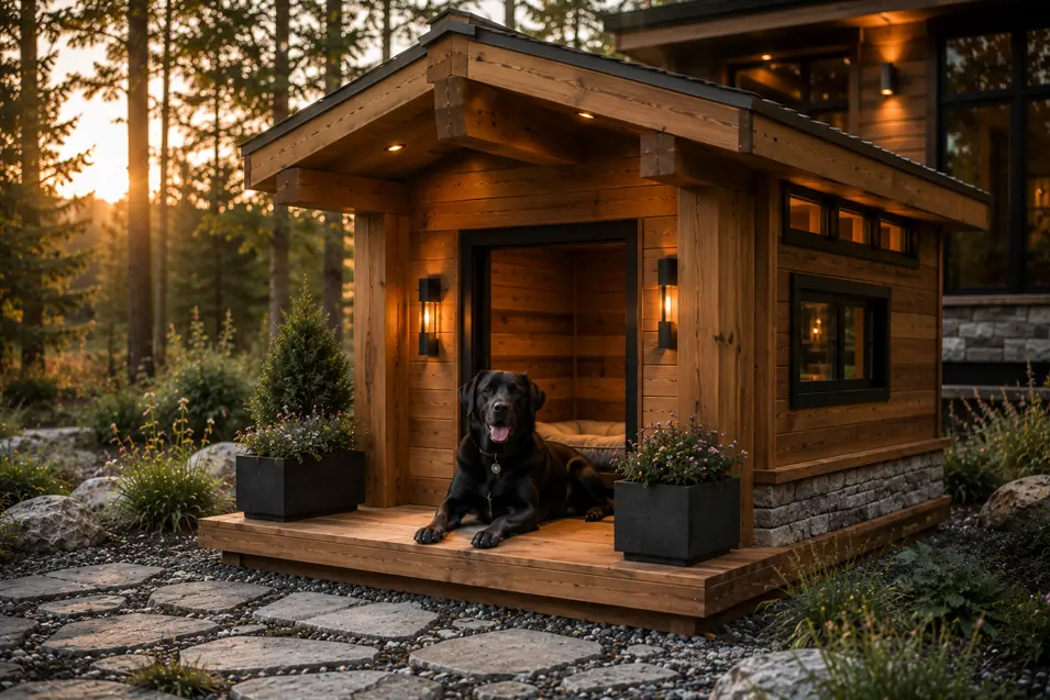 Rustic luxury cabin dog house with rich cedar timber, stone accents, warm lantern lighting, and a covered porch, featuring a happy Black Labrador Retriever.