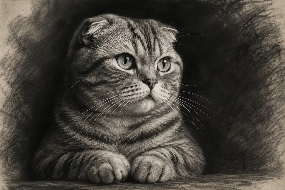 Scottish Fold in a dramatic charcoal portrait with deep contrast, rich shading, textured paper, and expressive fine art detail.