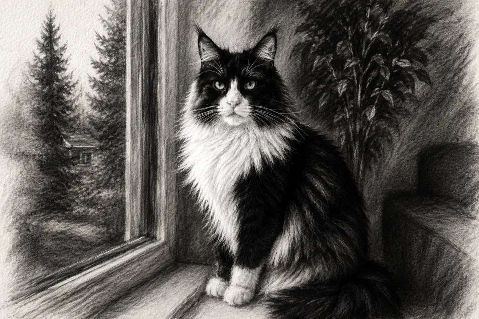 A dramatic charcoal portrait of a majestic black-and-white Maine Coon by a window, with rich black tones, expressive shading, and textured drawing paper.