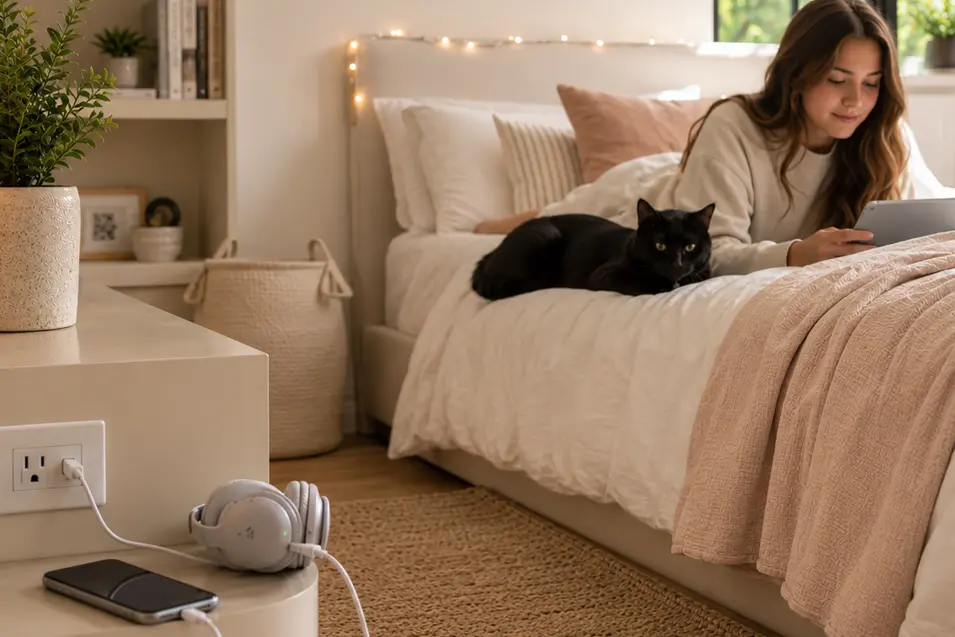 girl and black cat on the bed