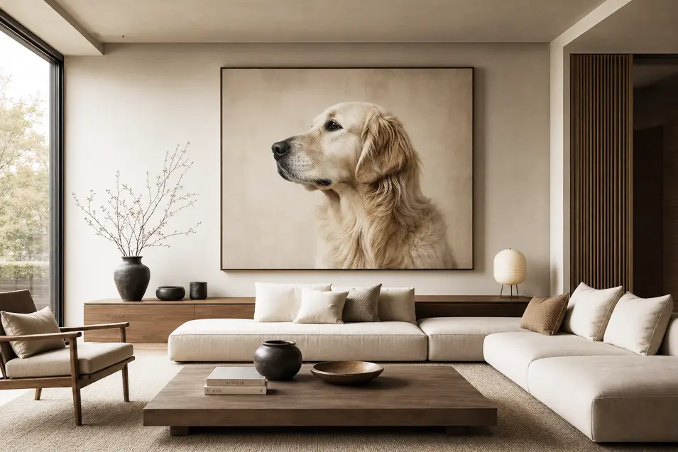 Warm Japandi living room with a modular cream sofa, natural wood accents, oversized dog artwork, and serene neutral tones bathed in soft daylight.