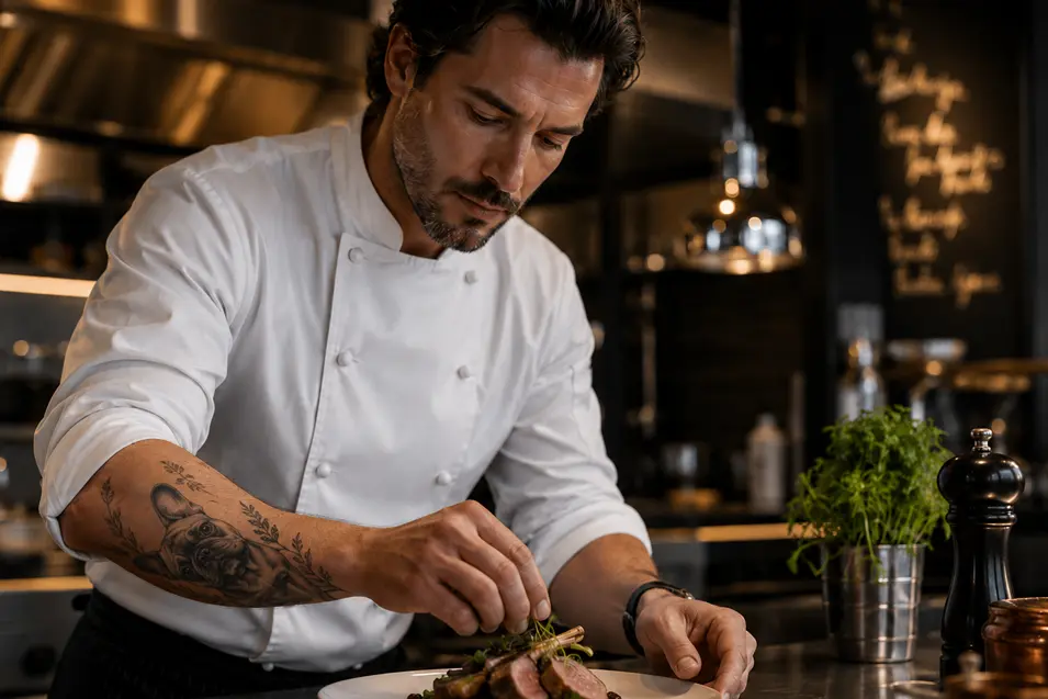 Chef plating a gourmet dish in a professional kitchen, featuring a realistic French Bulldog forearm tattoo aligned naturally along his arm.