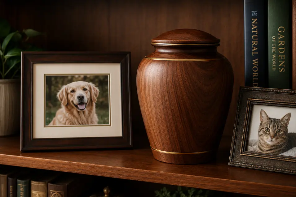 Elegant wooden pet urn displayed on a warm bookshelf beside framed dog and cat photos, books, and greenery, creating a heartfelt memorial setting.