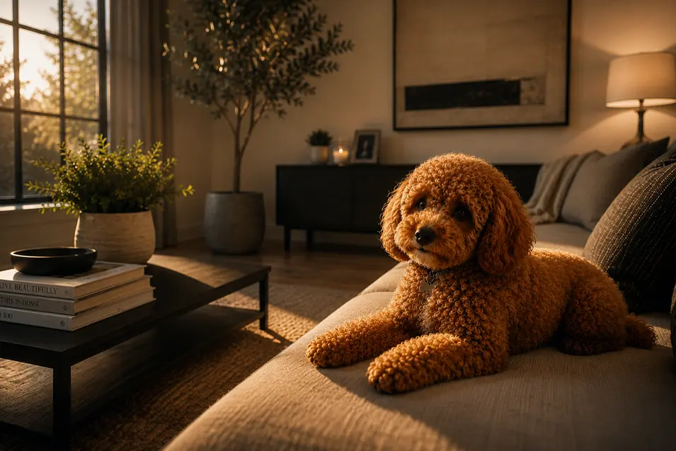 Curly-haired puppy relaxing on a modern sofa, bathed in warm golden-hour sunlight, in a cozy living room with elegant décor and a peaceful atmosphere.