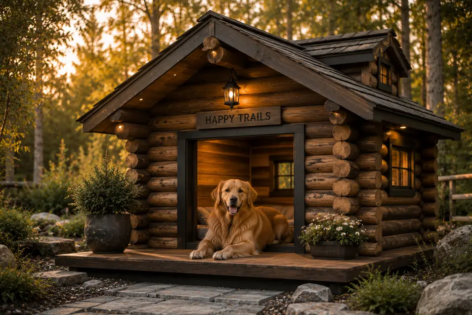 Rustic log cabin dog house with handcrafted timber, warm lantern lighting, and a cozy porch, featuring a happy Golden Retriever in a woodland setting.