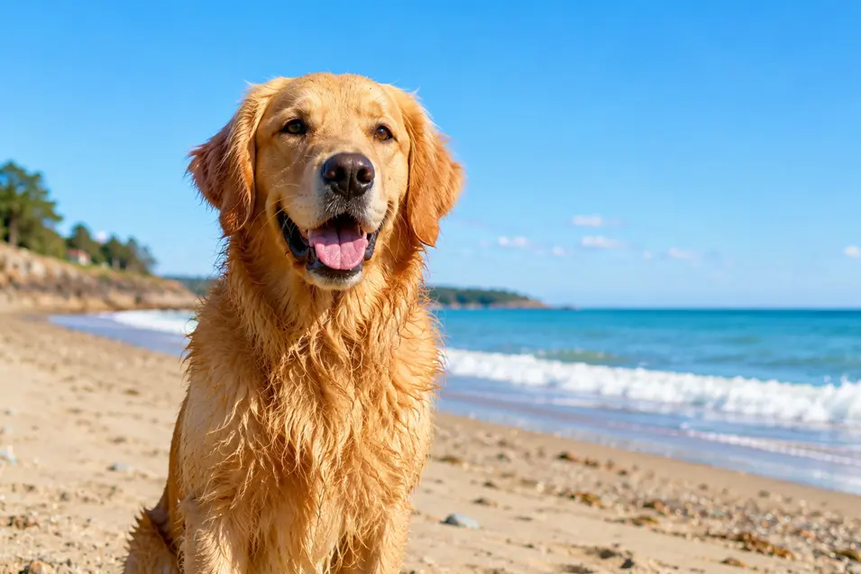 A happy golden retriever sits on a sunny beach beside gentle waves under a clear blue sky, with vibrant natural colors and a warm coastal backdrop.