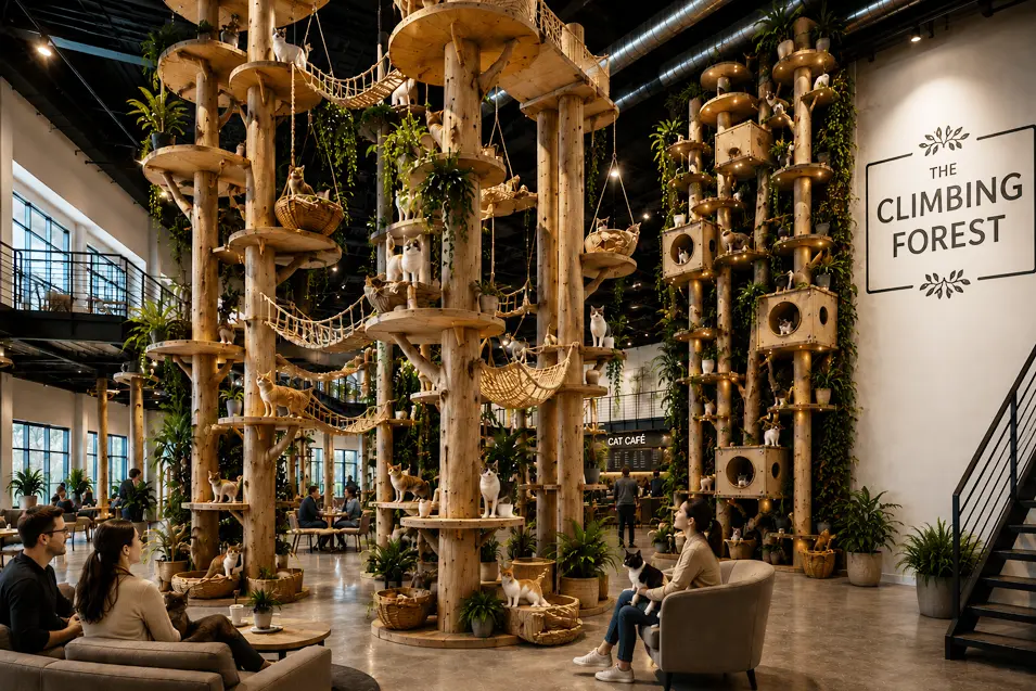 A luxury indoor cat adventure park featuring towering climbing trees, rope bridges, cozy lounges, and visitors relaxing while cats explore the forest playground.