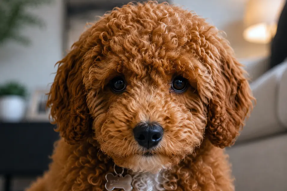 Close-up portrait of a curly-haired puppy with soulful eyes, soft natural light, and a blurred modern living room background creating a warm, cozy feel.