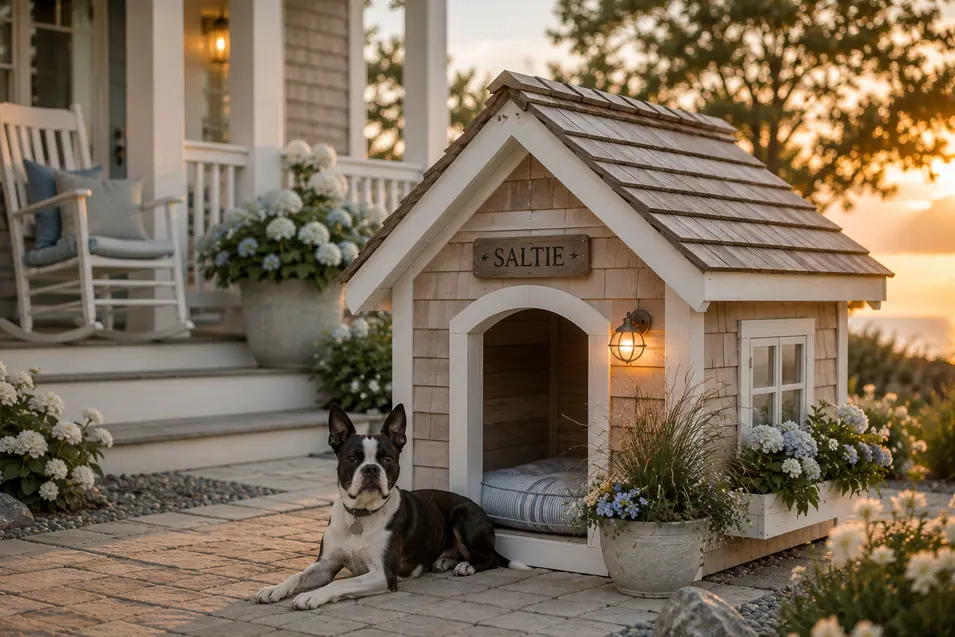 Luxury Coastal Cottage dog house with cedar shingles, crisp white trim, seaside charm, and a Boston Terrier in a beautiful coastal garden.